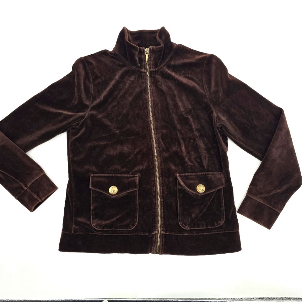 Lauren Ralph Lauren Brown Velvet Velour Zip Up Jacket Size M Petite